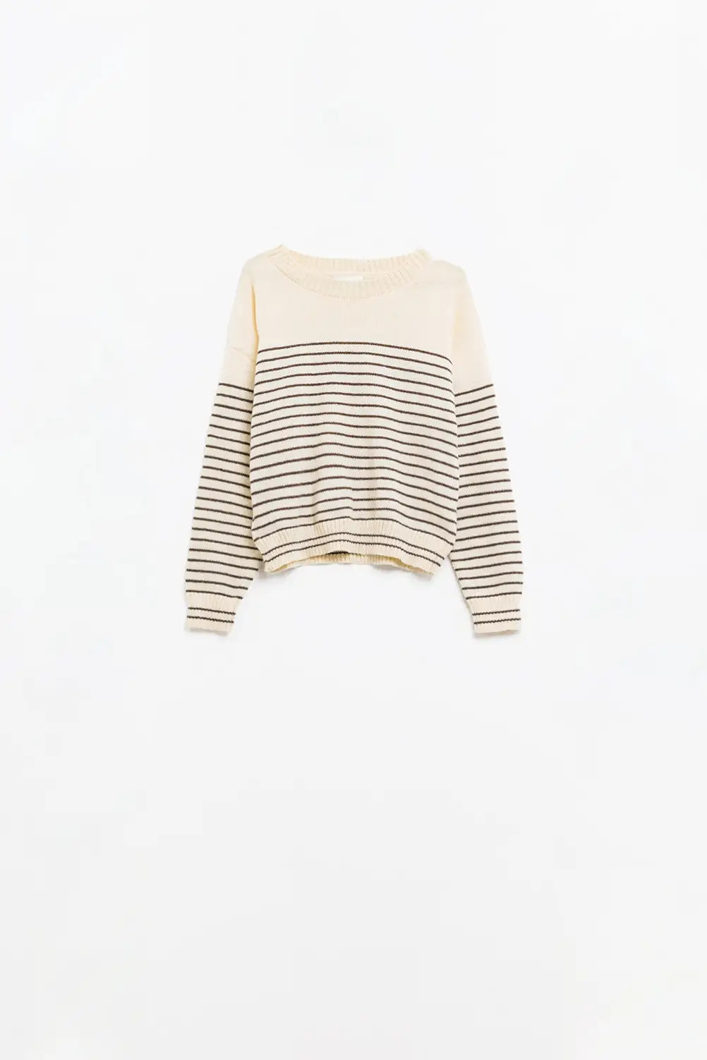 Cream sweater with brown stripes and boat neck - Sweaters