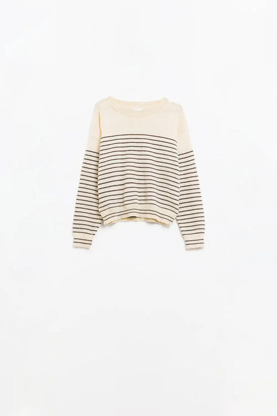 Cream sweater with brown stripes and boat neck - Sweaters