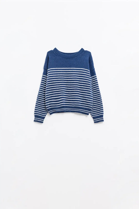 navy sweater with white stripes and boat neck - Sweaters