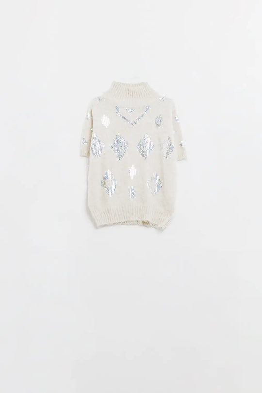 Cream short sleeve sweater with sequin embellishment - Sweaters