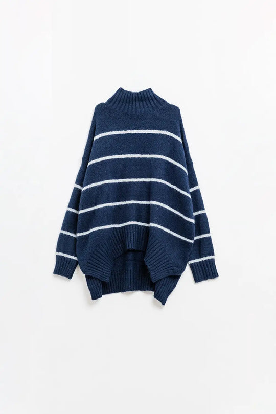 Oversized navy sweater with white stripes - NAVY / ONE - Sweaters