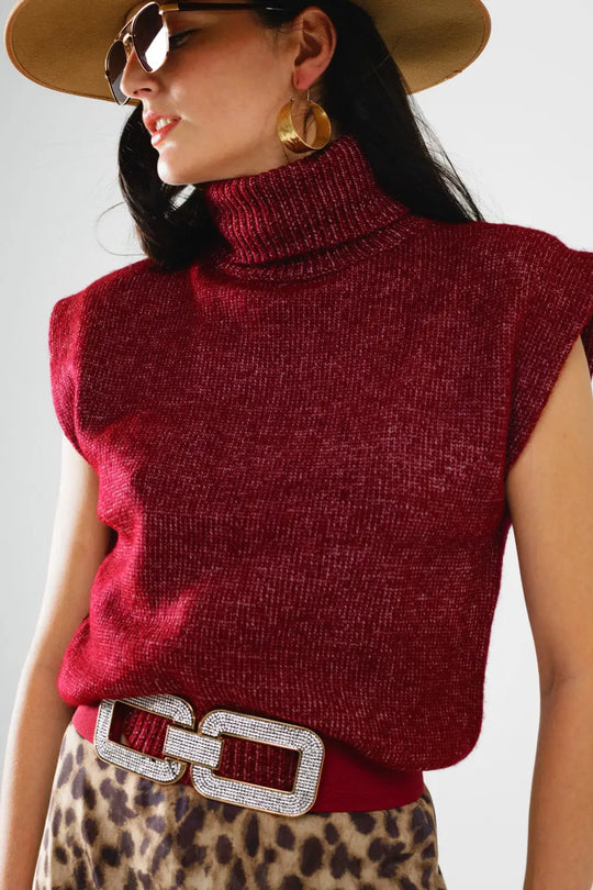 Cozy turtleneck sleeveless sweater in burgundy - Sweaters