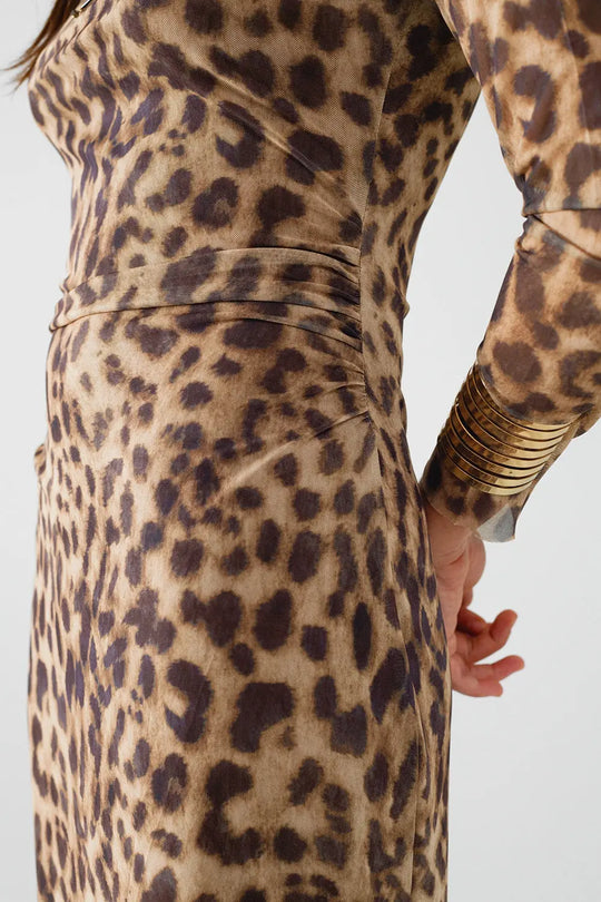 sheer long sleeve leopard print bodycon midi dress - Dresses