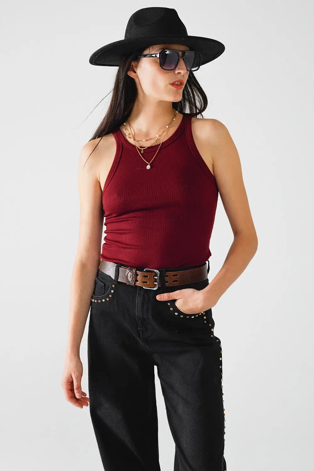 Sleeveless burgundy Top With Ribbed details - T-Shirts Tops