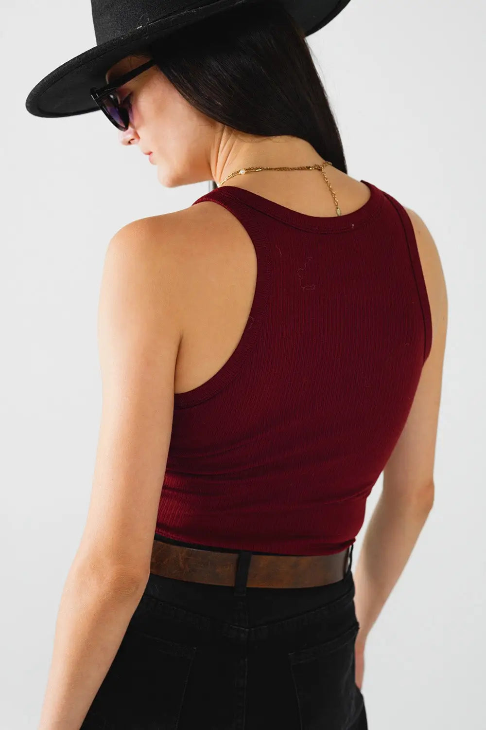 Sleeveless burgundy Top With Ribbed details - T-Shirts Tops