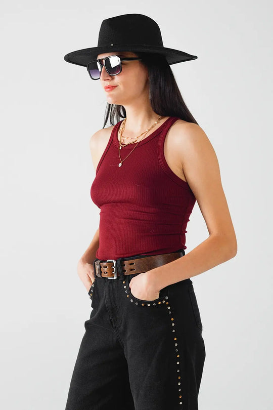 Sleeveless burgundy Top With Ribbed details - T-Shirts Tops