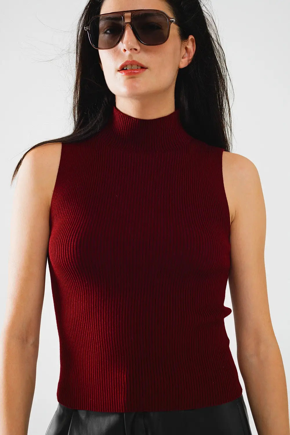 Turtle Neck Ribbed Top in Burgundy - Sweaters