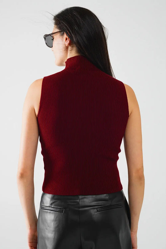 Turtle Neck Ribbed Top in Burgundy - Sweaters