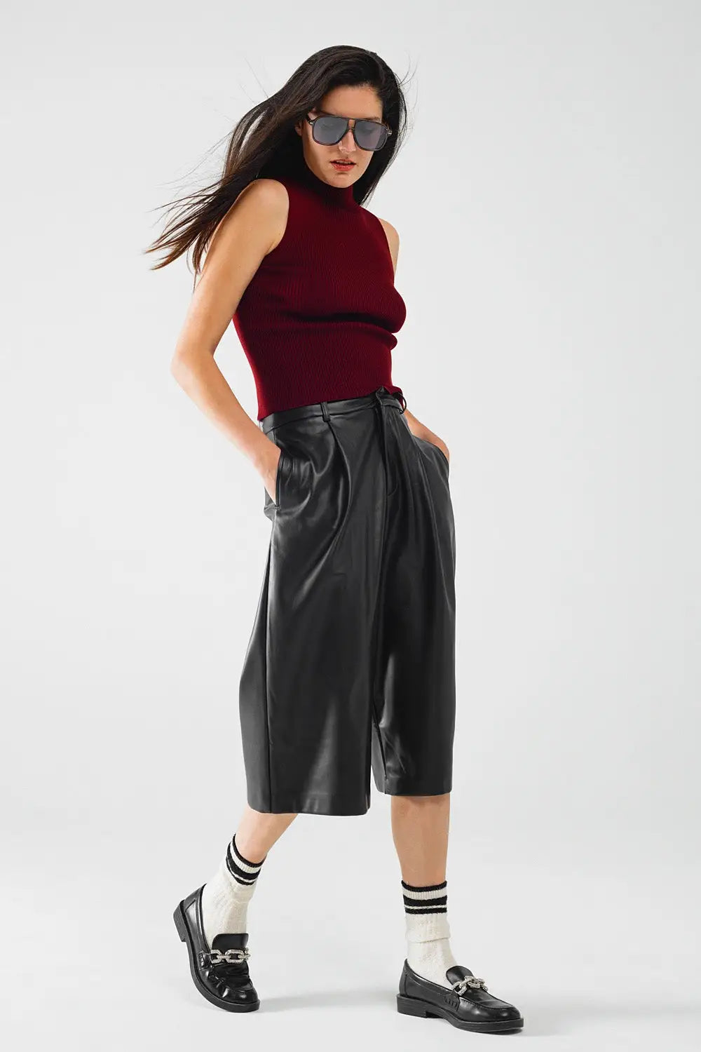 Turtle Neck Ribbed Top in Burgundy - Sweaters