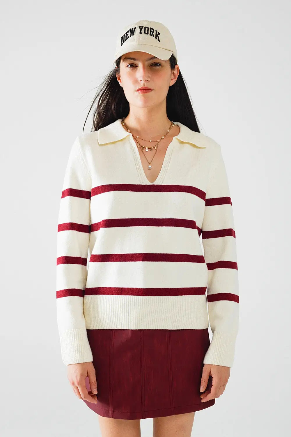 white sweater with dark red stripes and wide v neck - Sweaters