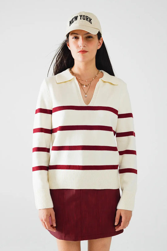 white sweater with dark red stripes and wide v neck - Sweaters