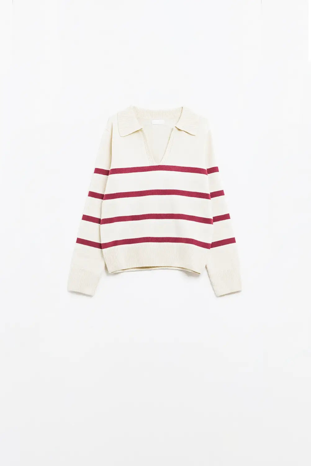 white sweater with dark red stripes and wide v neck - Sweaters