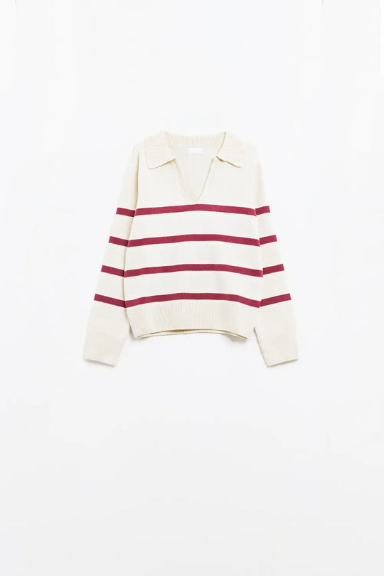 white sweater with dark red stripes and wide v neck - Sweaters