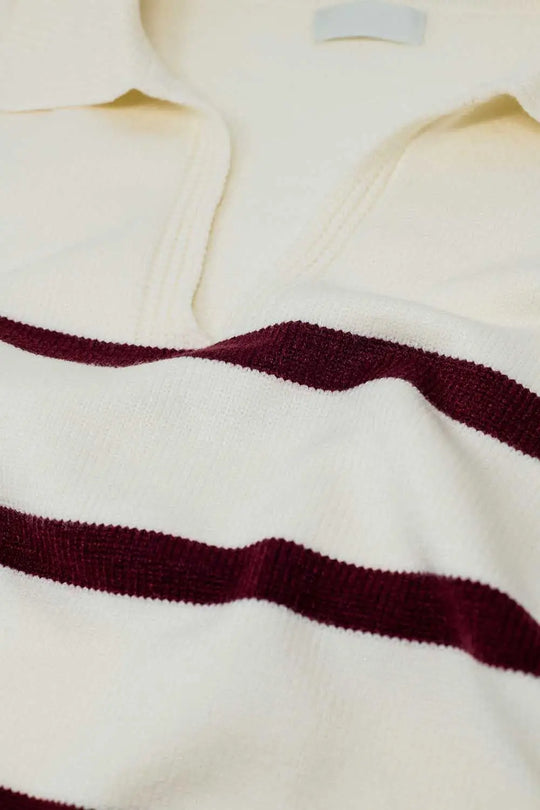 white sweater with dark red stripes and wide v neck - Sweaters