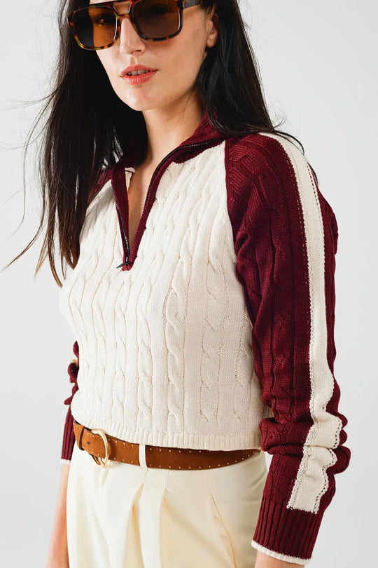 cropped white and burgundy sweater with neck zipper - Sweaters