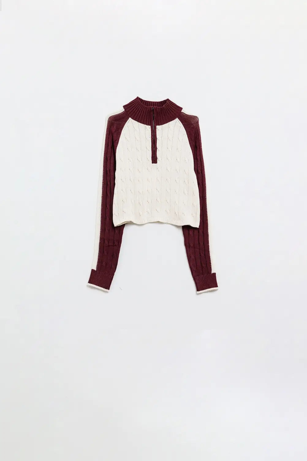 cropped white and burgundy sweater with neck zipper - Sweaters