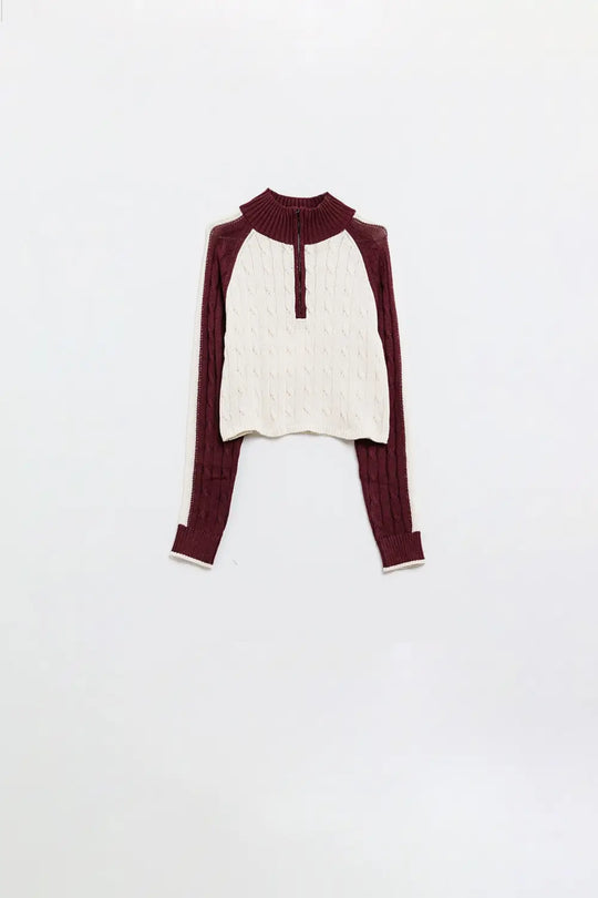 cropped white and burgundy sweater with neck zipper - Sweaters