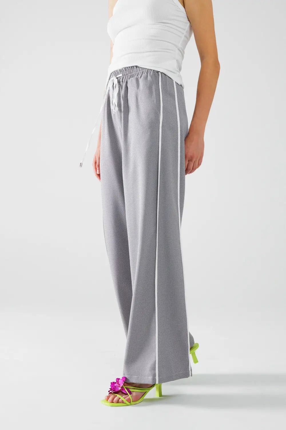 Palazzo Black and White Gingham Pants With Drawstring - Pants