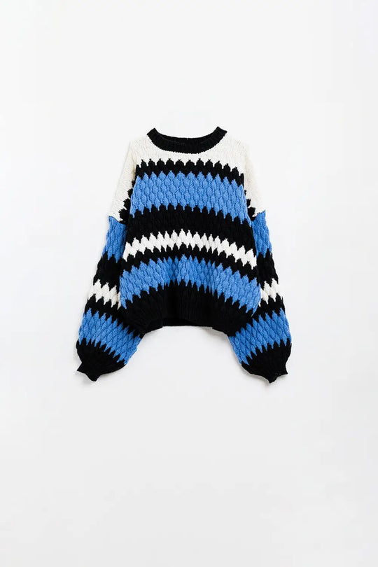 cozy blue white and black zig zag sweater - BLUE / ONE - Sweaters