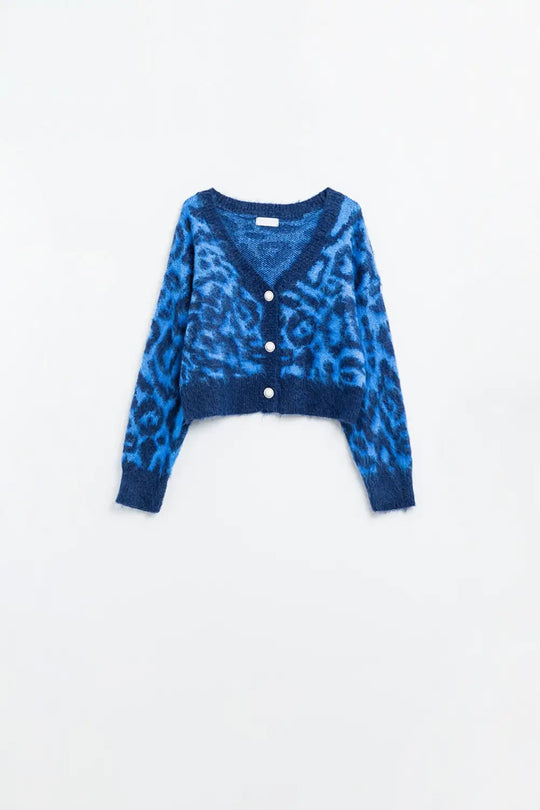 blue leopard print cardigan made of knitted fabric with wool - BLUE / ONE - Cardigans