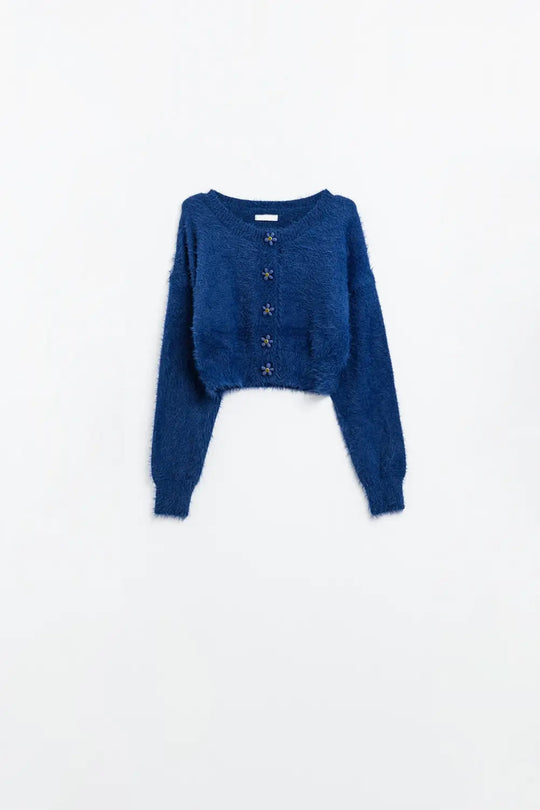 Short and fluffy navy cardigan with flower buttons - BLUE / ONE - Cardigans