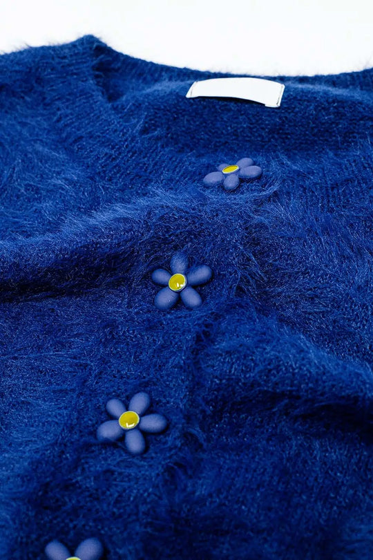 Short and fluffy navy cardigan with flower buttons - BLUE / ONE - Cardigans