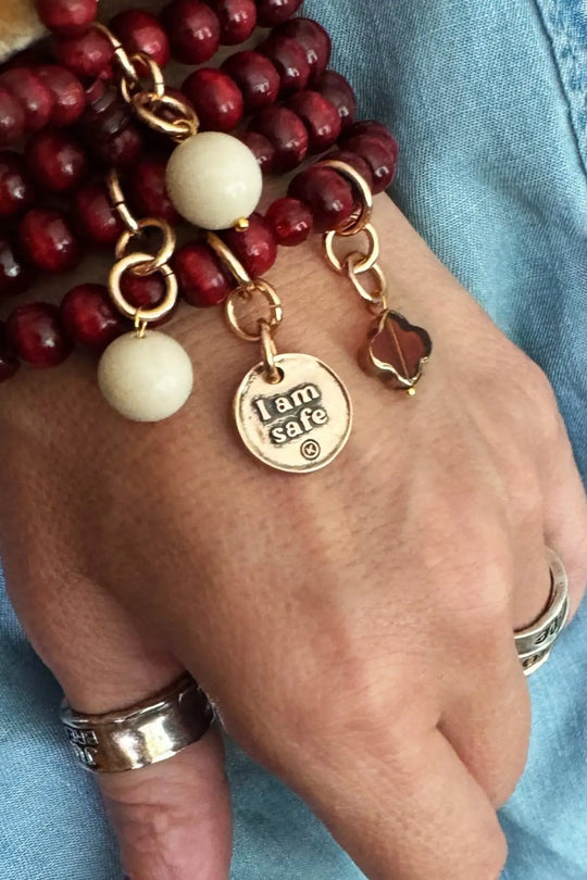 I Am Safe Heart Wood Boho Wrap Bracelet/Necklace