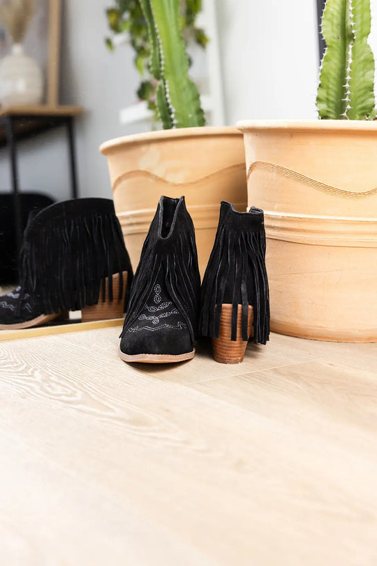 Amos Fringe Ankle Bootie in Black Suede - 110 Fashion Boots