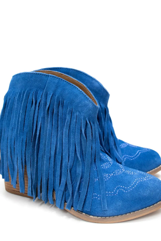 Amos Fringe Ankle Bootie in Blue Suede - 110 Fashion Boots