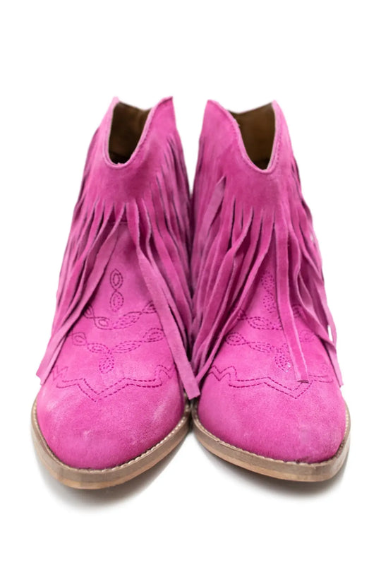 Amos Fringe Ankle Bootie in Magenta Suede - 110 Fashion Boots