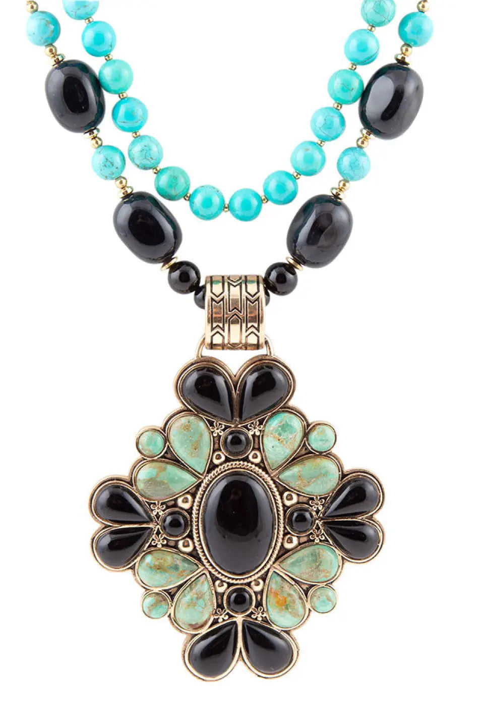 Barcelona Blue Turquoise and Black Onyx Golden Statement Necklace - Necklaces