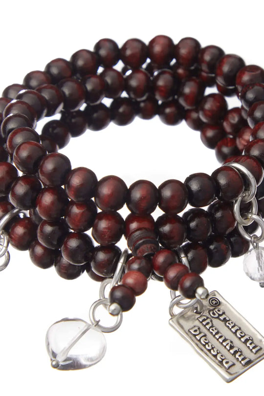 Grateful Thankful Blessed Heart Wood Boho Wrap Bracelet/Necklace