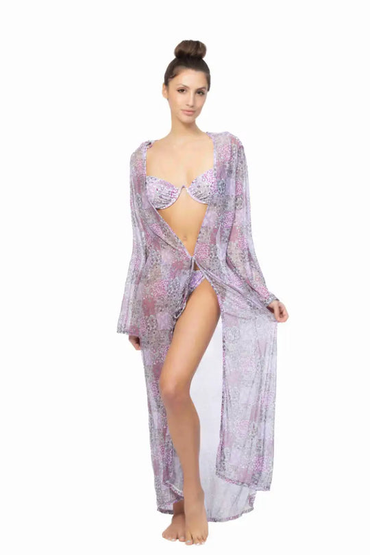 PATCHWORK PRINT MESH LONG COVER UP - S / Purple - Cover Ups