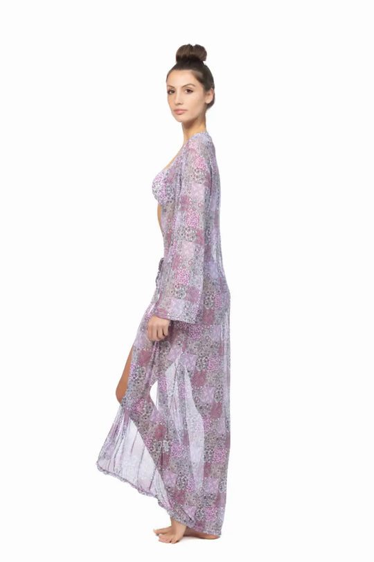 PATCHWORK PRINT MESH LONG COVER UP - Cover Ups