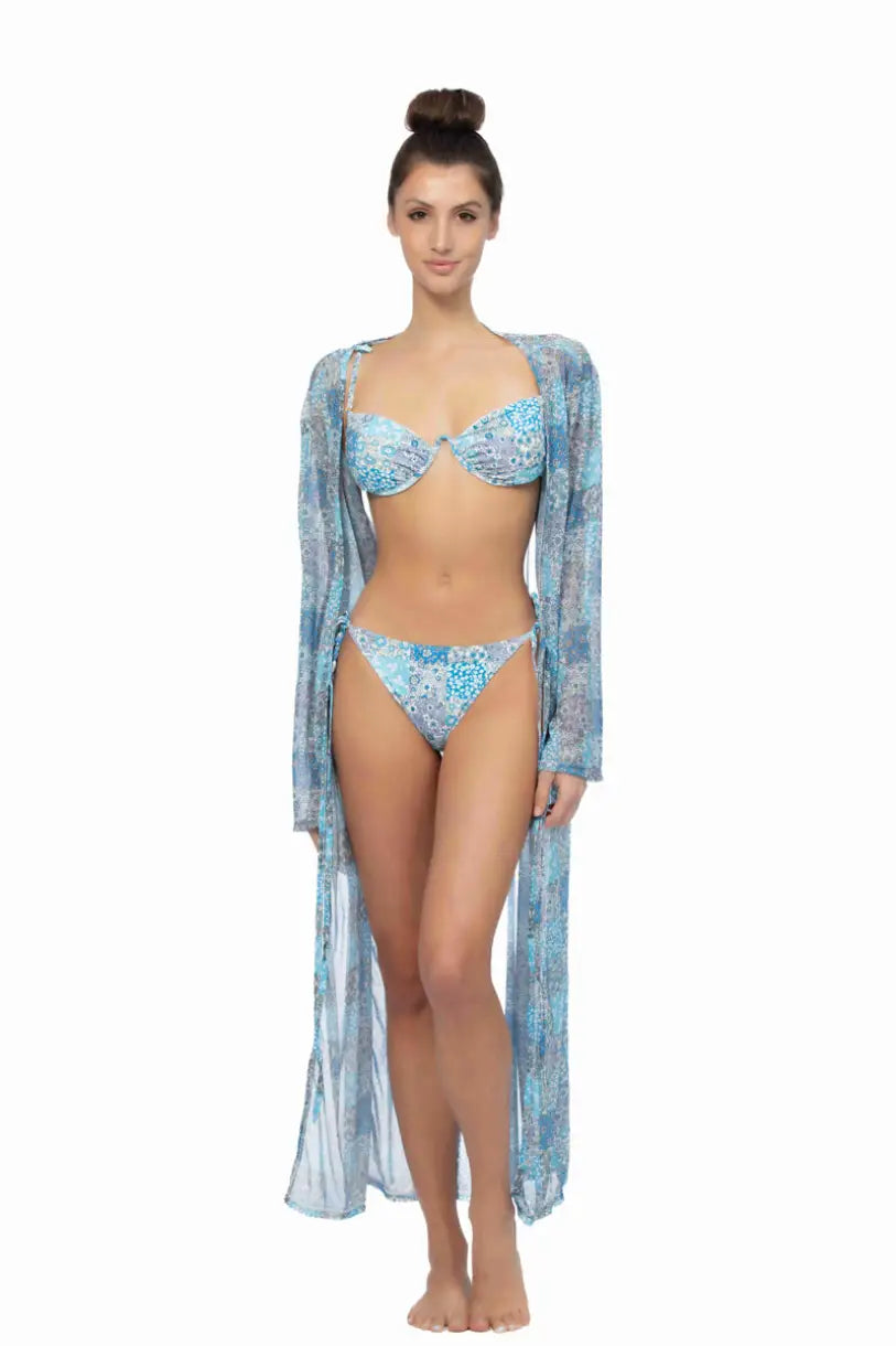 PATCHWORK PRINT MESH LONG COVER UP - S / Blue - Cover Ups