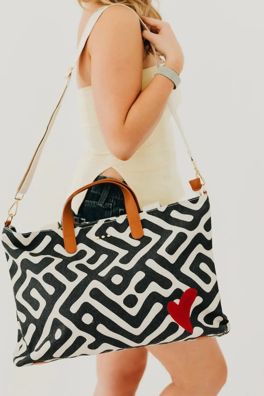 Chelsie Canvas Printed Tote - Black/White Geometric - Tote Bag