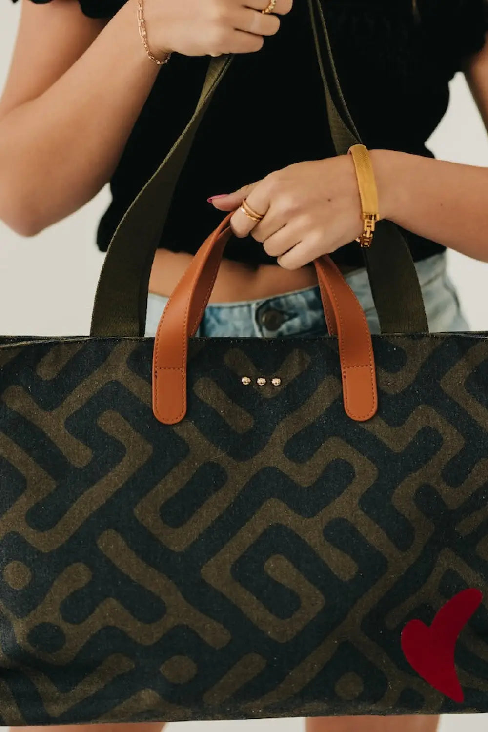 Chelsie Canvas Printed Tote - Olive &amp; Black Geometric - Tote Bag
