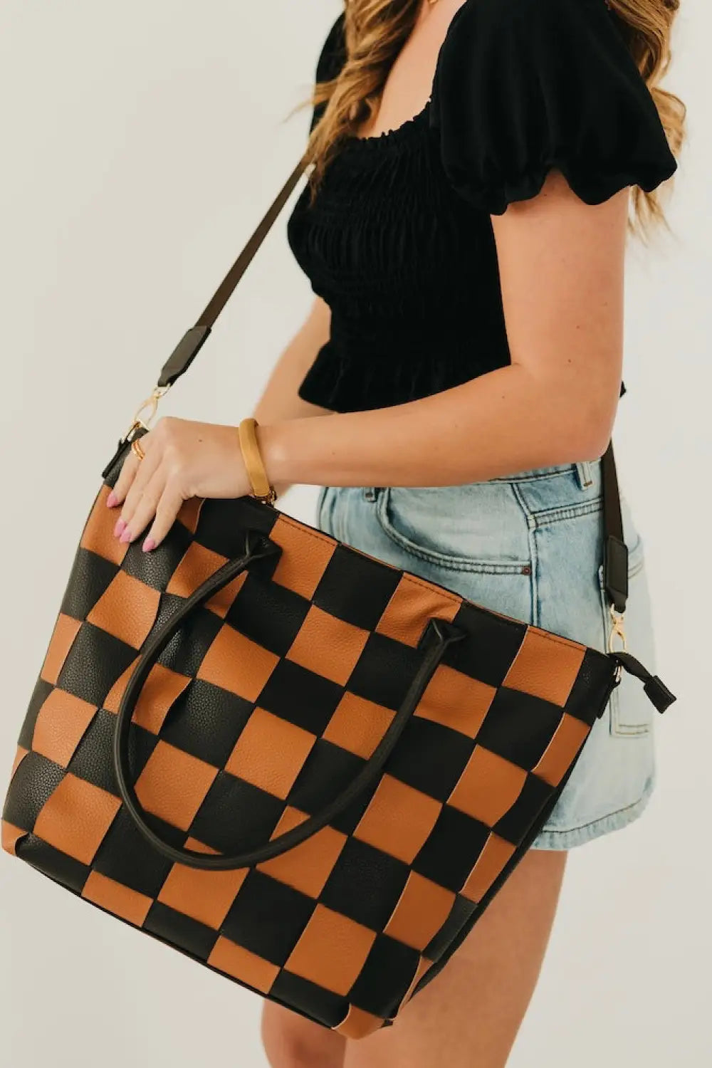 Courtney Checkered Tote - Checkered Coffee - Tote Bag