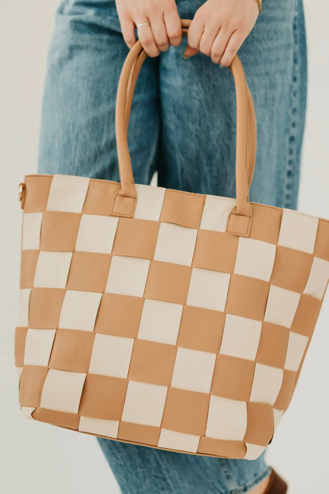 Courtney Checkered Tote - Checkered Tan - Tote Bag