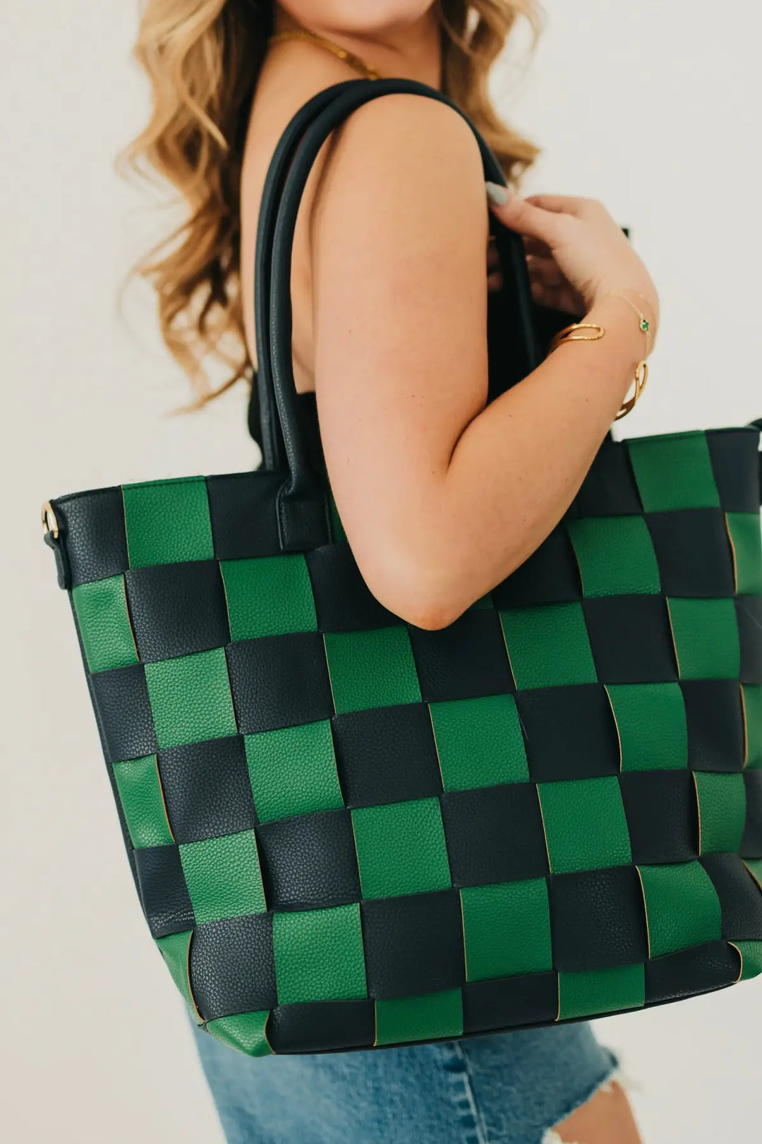 Courtney Checkered Tote - Woven Checkered Navy/Green - Tote Bag