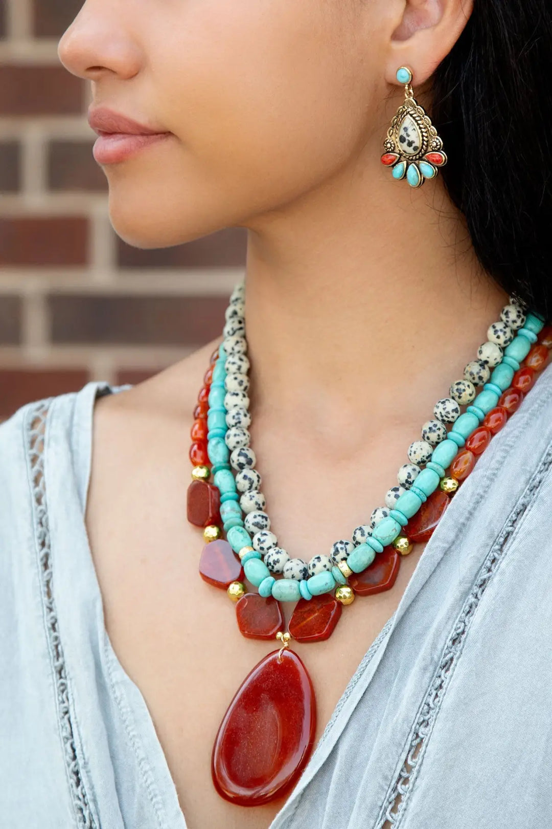Red Carnelian Colorful Golden Pendant Necklace - Necklaces