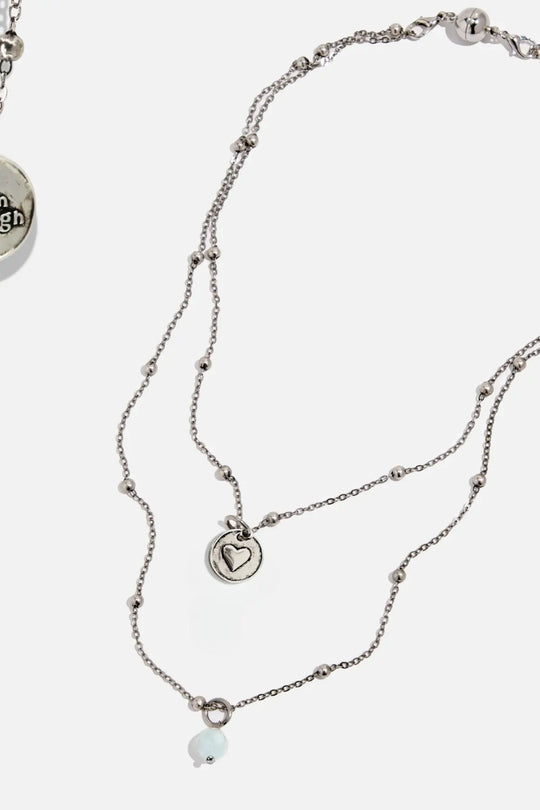 I Am Enough Heart Dainty Necklace - Silver / Aquamarine - dainty