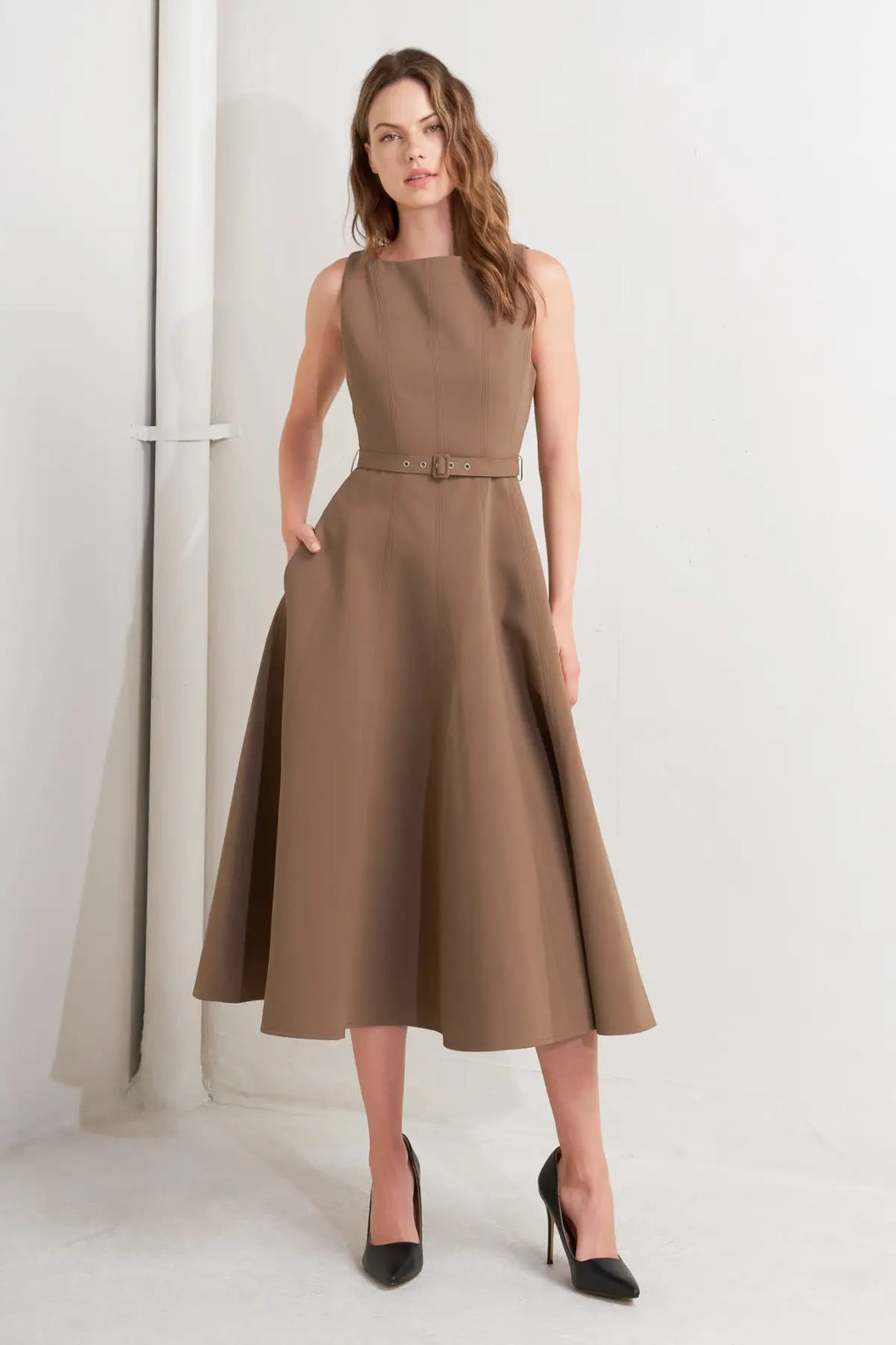 LIVING THE DREAM BROWN WOVEN MIDI DRESS - DRESSES