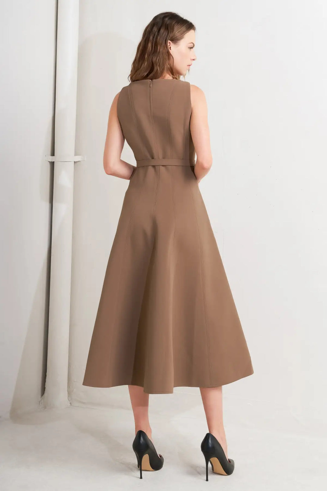 LIVING THE DREAM BROWN WOVEN MIDI DRESS - DRESSES
