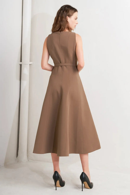 LIVING THE DREAM BROWN WOVEN MIDI DRESS - DRESSES