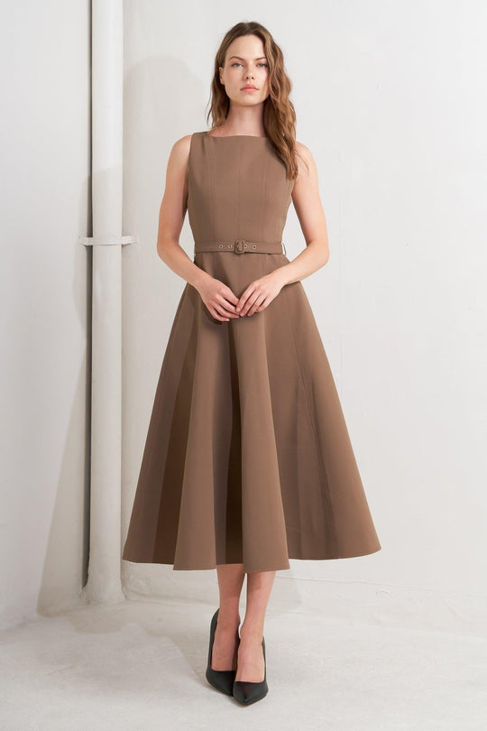 LIVING THE DREAM BROWN WOVEN MIDI DRESS - MELISSA JEAN