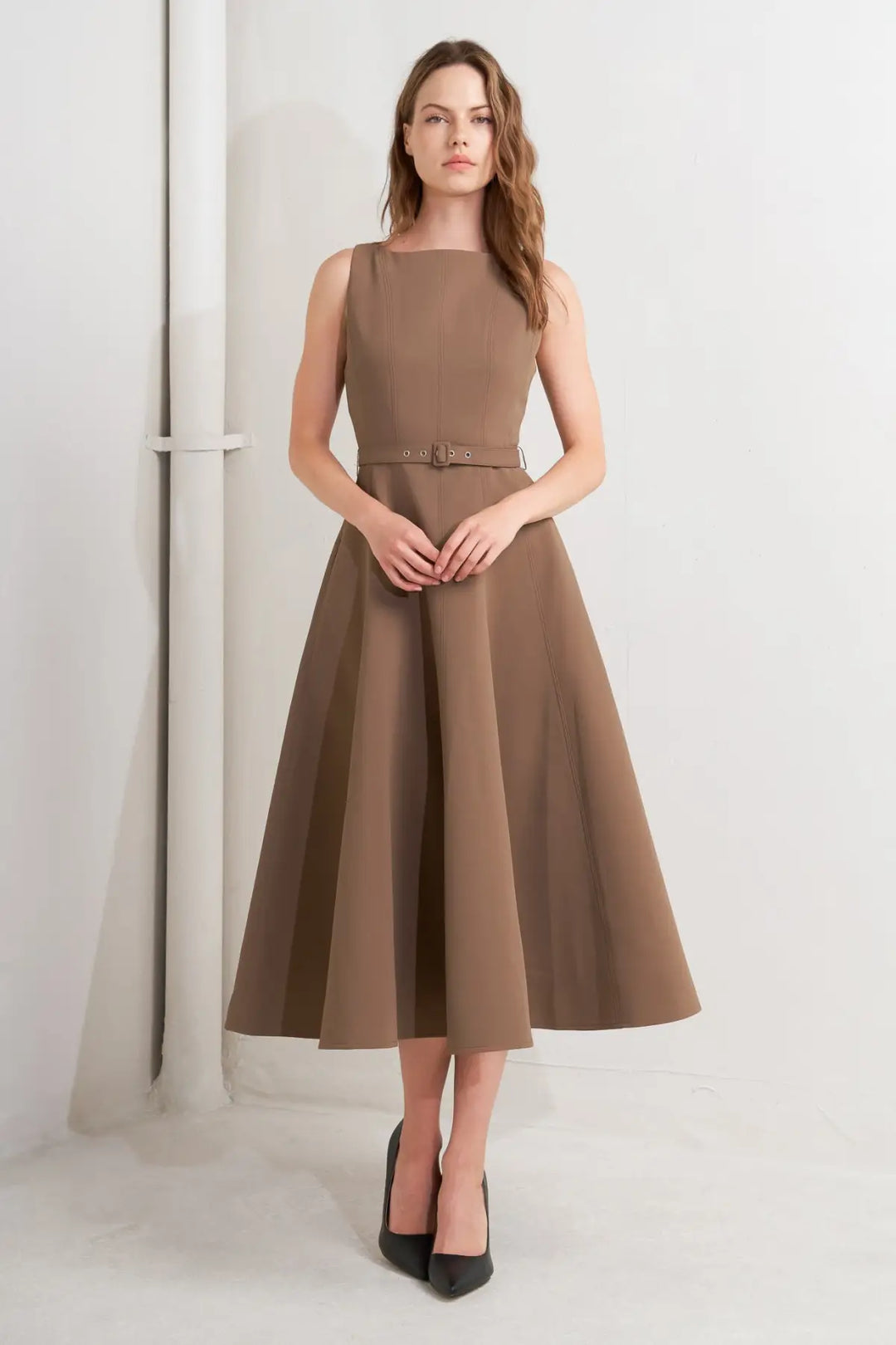 LIVING THE DREAM BROWN WOVEN MIDI DRESS - DRESSES