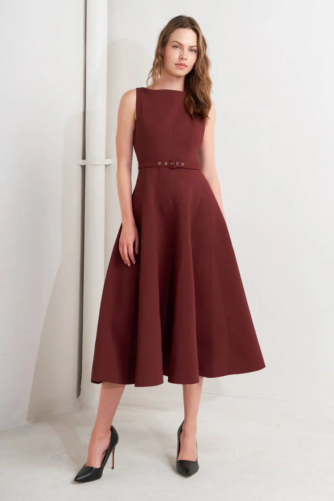 LIVING THE DREAM WINE WOVEN MIDI DRESS - DRESSES