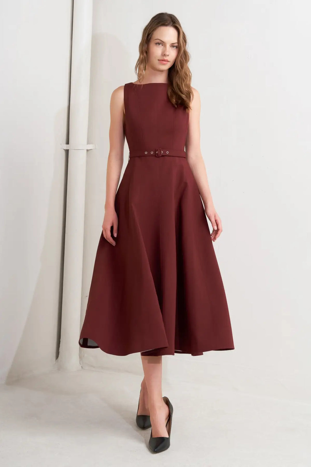 LIVING THE DREAM WINE WOVEN MIDI DRESS - DRESSES
