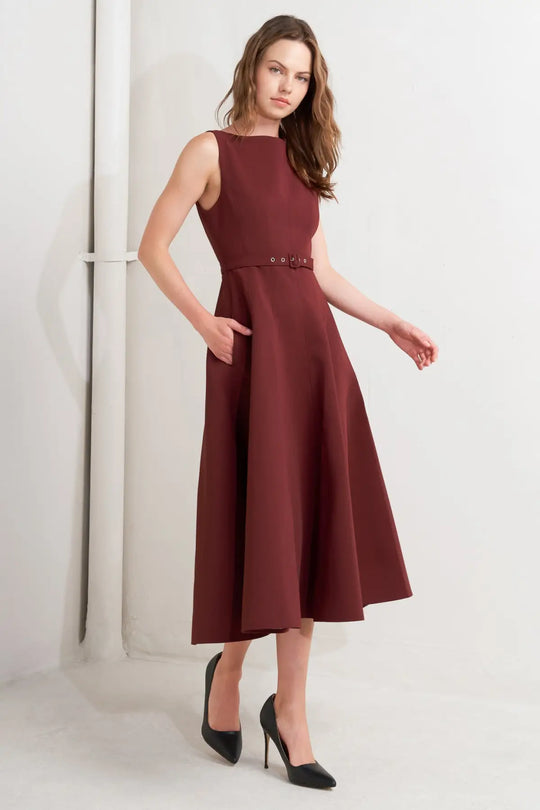 LIVING THE DREAM WINE WOVEN MIDI DRESS - DRESSES